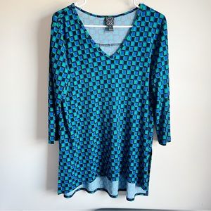 Clara Sun Woo Blue Green Patterned 3/4 Sleeve Tunic Blouse